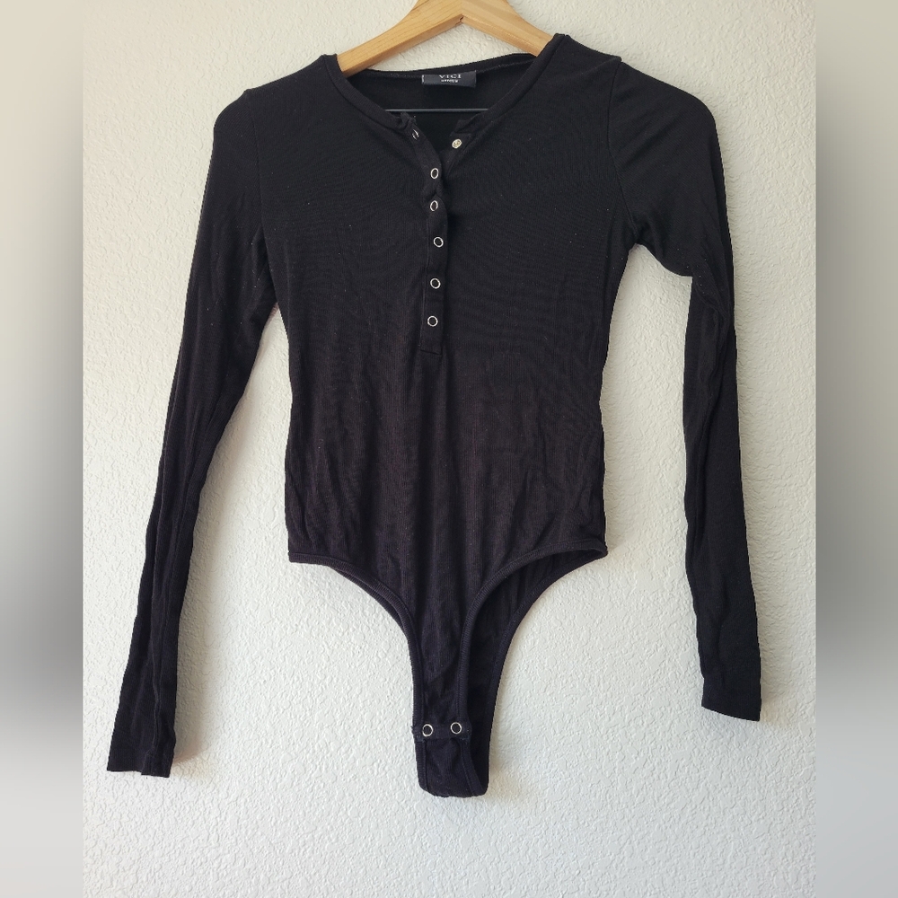 vici bodysuit snap henley long sleeve ribbed black, medium